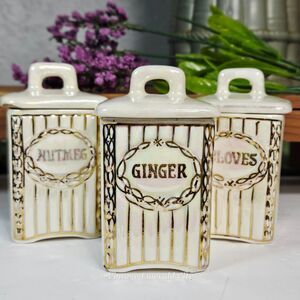 Vtg Iridescent Czechoslovakia Lusterware Labeled Spice Jars Set / 3 Ceramic Read